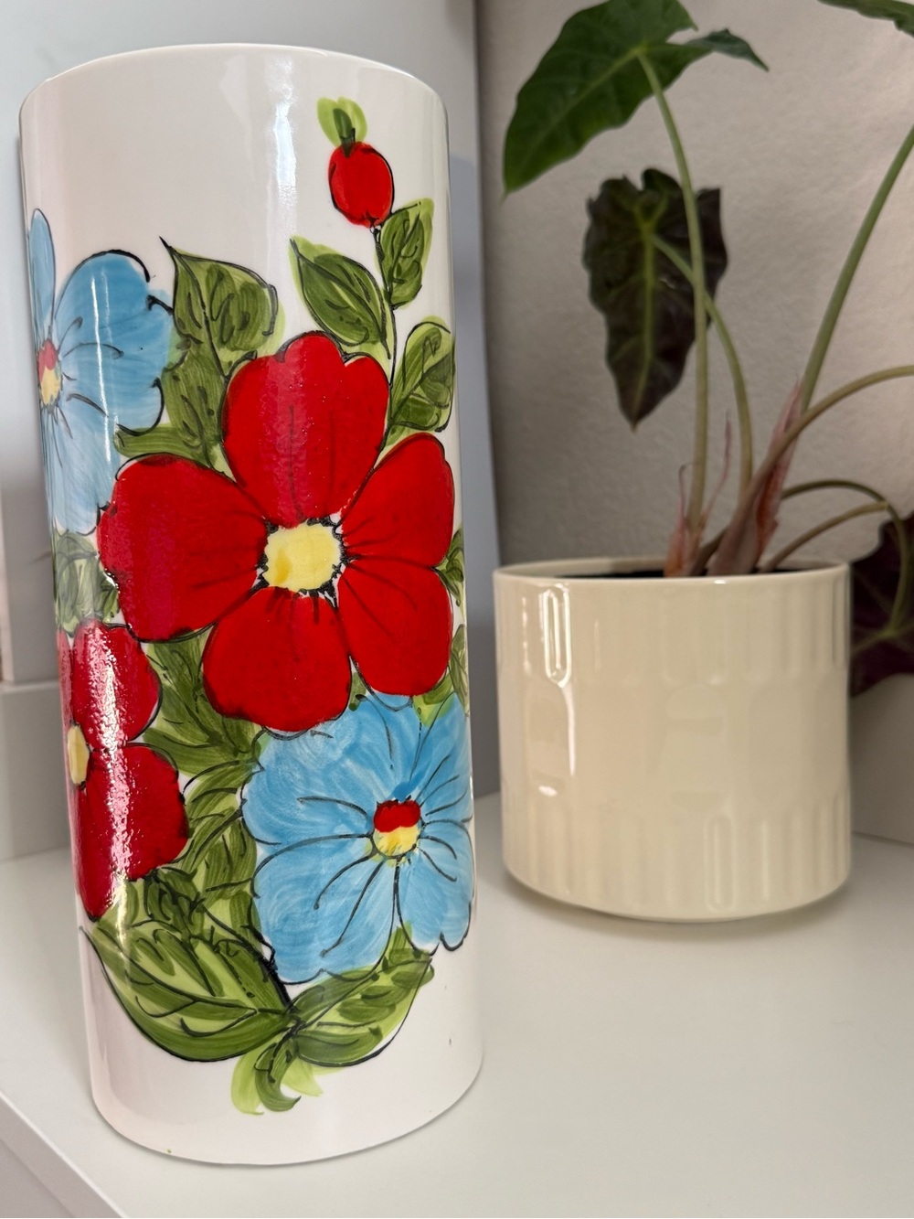 Hand-Painted Made in Japan Floral Ceramic Vase - Red & Blue